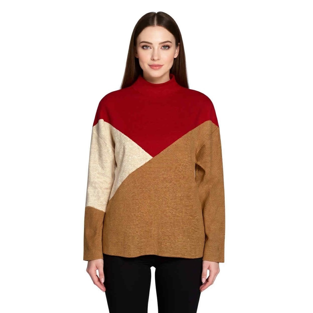 Tahari Red Cream Tan Color‎ Block Pullover Mock Neck Sweater Women's Size Medium